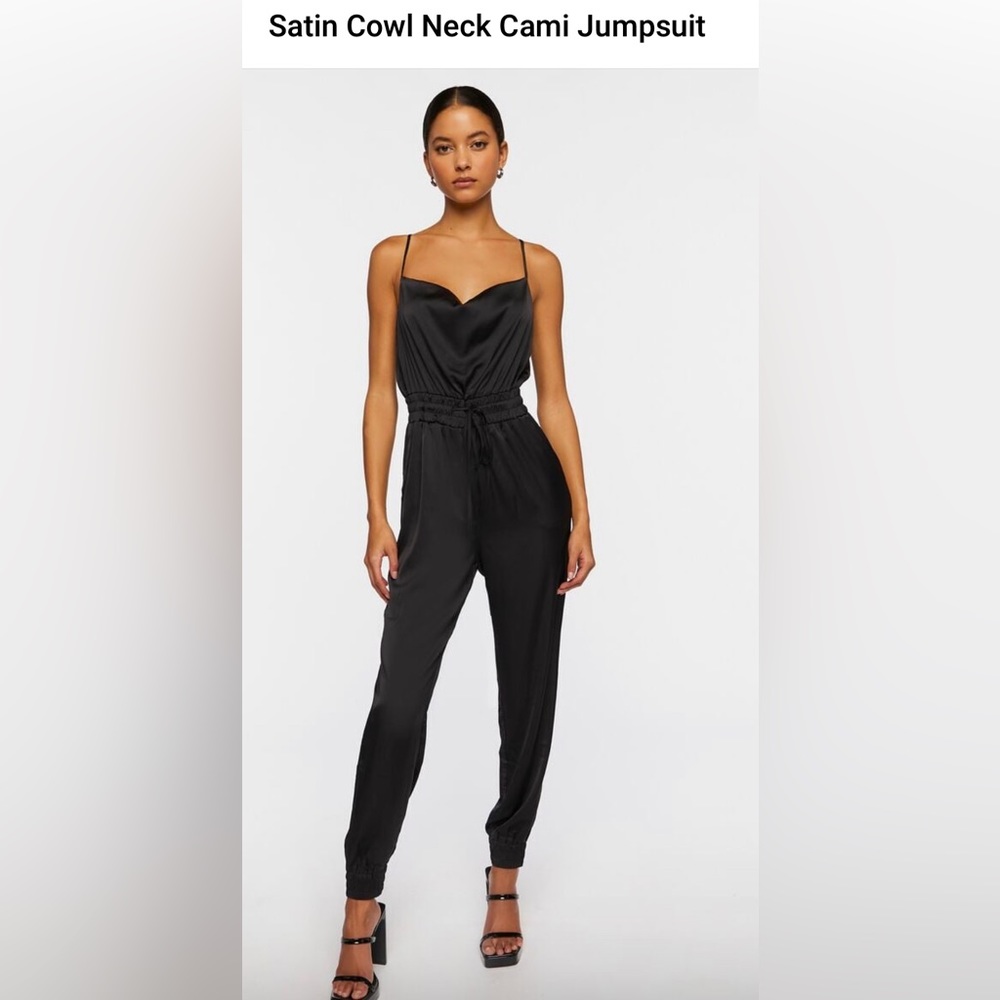 NEW. Satin Cowl Neck Jumpsuit. Adjustable straps. Pockets. Black. Size XL.